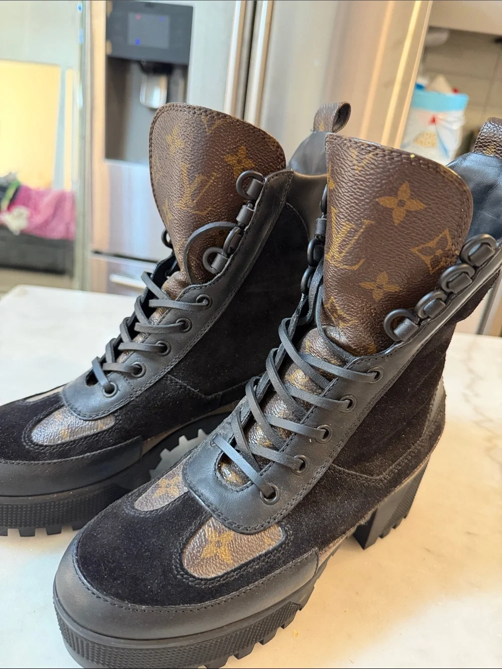 Black Suede Combat Boots with Brown Monogram Accents size 36 1/2